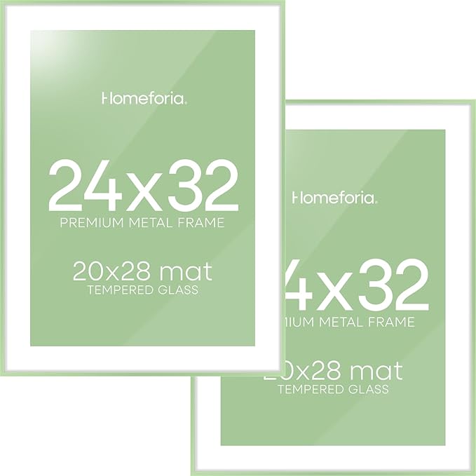 Homeforia 24x32 Sage Green Picture Frame, High End Metal 24x32 Poster Frames with Mat 20x28 inch Photo, 24 x 32 Thin Frame Matted to 20 x 28 Art, 32x24 Large Frames, Tempered Glass, Wall Kit, Set of 2