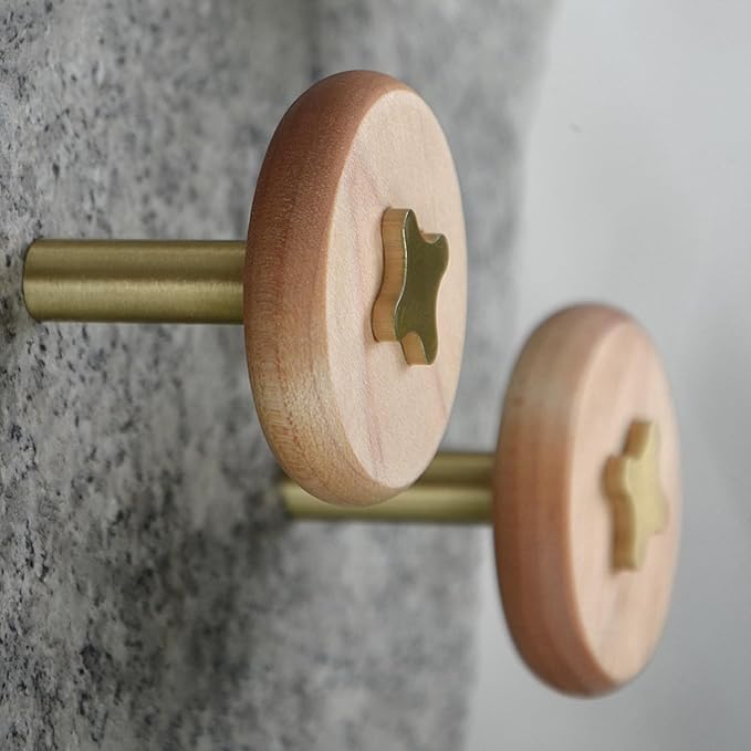 TECI Solid Brass & Maple/Mahogany Wall Hooks 2 Pack - Decorative Heavy Duty Coat Hooks with Vintage Cross Screw Design for Entryway, Bathroom, Luxury Spaces TC008F