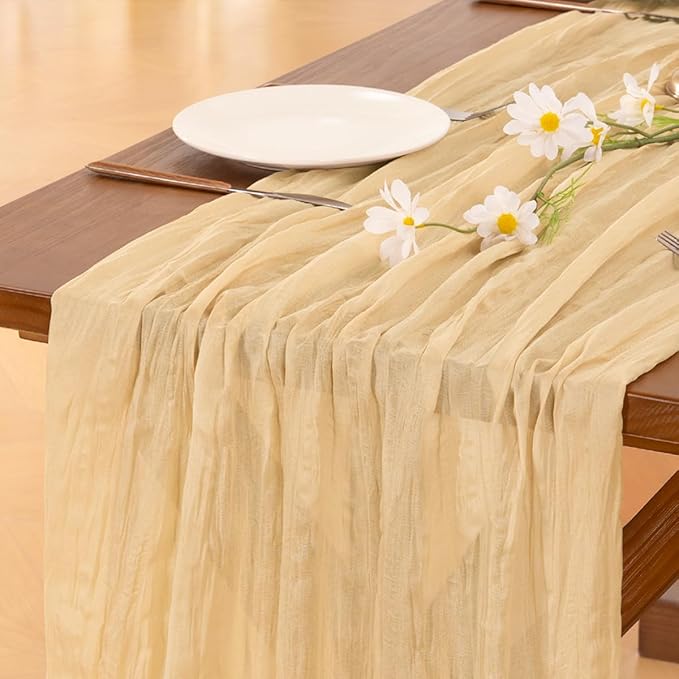 Socomi 6pcs Gold Champagne Cheesecloth Table Runner Valentine's Day Boho Rustic Gauze 120 inch 10FT Cheese Cloth Runner for Wedding Party Baby Shower Birthday Home Decor Holiday Decorations