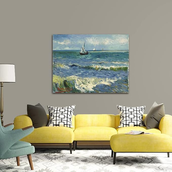 Wieco Art Extra Large Seascape at Saintes Maries by Vincent Van Gogh Oil Paintings Reproduction Giclee Canvas Prints Ocean Sea Pictures on Canvas Wall Art for Living Room Home Office Decor 36x48