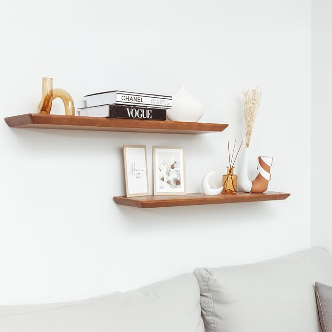 Solid Pine Wood Floating Shelves - Bathroom & Bedroom/Living Room - Set of 2 (Walnut Color) - 36x6.7x1.2 inch