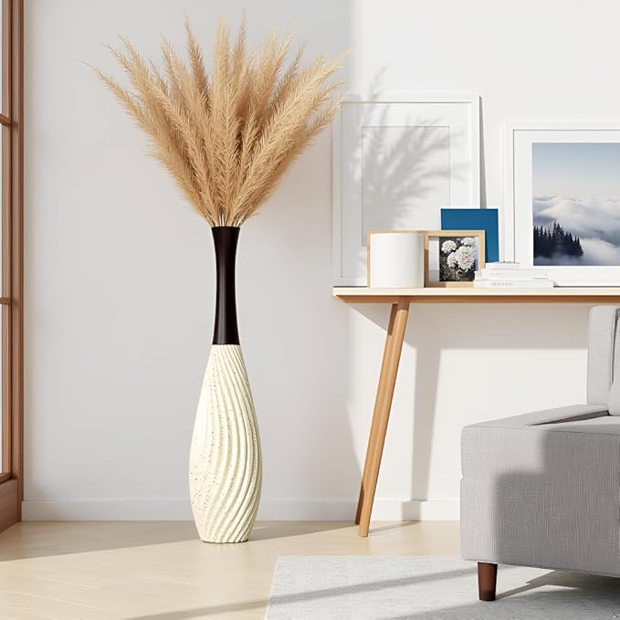 23.6 Inch Cream Tall White Vases – Brown Neck Teardrop Vase with Textured Vertical Lines & Speckled Finish, Decorative Floor Vase for Living Room, Wedding, Boho Home Decor – Resin Tall Vases