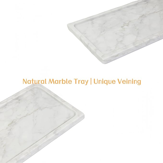 Solid Natural Marble Vanity Tray - 11.8"x5.9" Rectangular Bathroom & Dresser Organizer, Non-Resin Stone Tray for Jewelry/Perfume, Marble Trays for Decor Rectangl