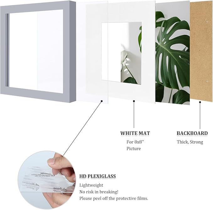 Egofine 11x11 Picture Frames 4 Pack, Display Pictures 4x4 or 8x8 with Mat or 11x11 Without Mat Made of Solid Wood Covered by Plexiglass for Table Top Display and Wall Mounting Photo Frame, Light Gray