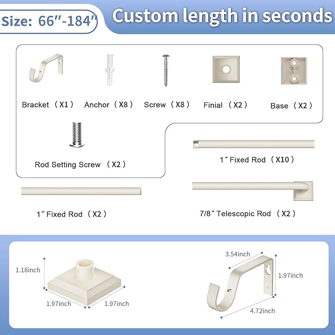 Beige White Curtain Rods for Windows 66-152Inch(5.5-12.7ft) Heavy Duty Wrap Around Blackout Curtain Rods, Extra Long Adjustable Room Darkening Drapery Rod for Bedroom, Living Room & Outdoor Patio
