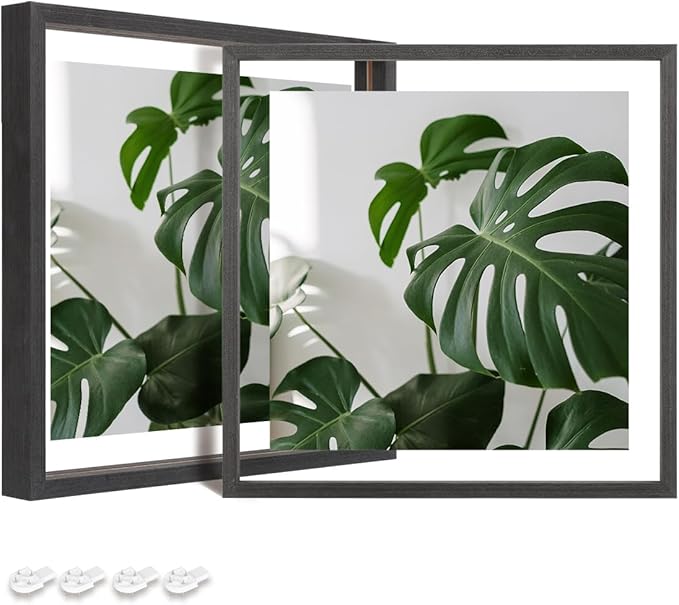 Egofine 8x8 Floating Frames Set of 2, Double Plexiglass Picture Frame, Made of Solid Wood Display Any Size Photo up to 8x8, Wall Mount or Tabletop Standing, Faded Black