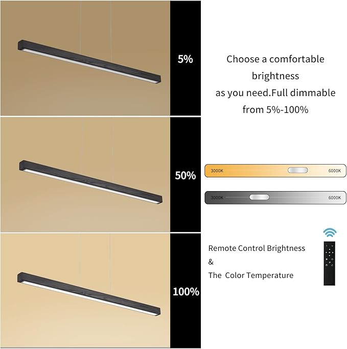 71" Black Linear Pendant Light Wooden Led Linear Pendant Light Fixtures Ceiling Hanging Dimmable Pendant Lights for Dining Room Kitchen Island Pool Table Lights Black Wood Finish