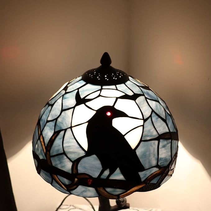 Bieye L10956 Raven Sitting on Bare Tree Branch in Full Moon Night Tiffany Style Stained Glass Table Lamp for Home Decor (Dark Blue, 12Wx20H)