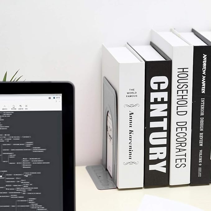 Book Ends, Bookends for Shelves Metal Bookends Book Ends for Office Nonskid Heavy Duty Book Ends for Shelves White 6.69 x 4.9 x 4.3in, 5 Pair/10 Piece (Grey)