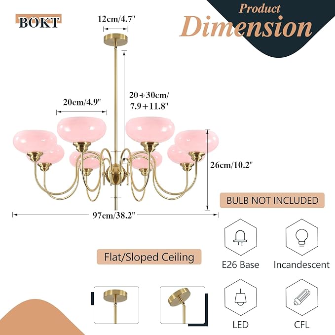 BOKT Gold Mid Century Chandelier Over Table 8-Light Pink Flush Mount Ceiling Light Fixture Kitchen Adjustable Height Ceiling Hanging Light Pink Globe Glass Chandelier for Dining Room Bedroom
