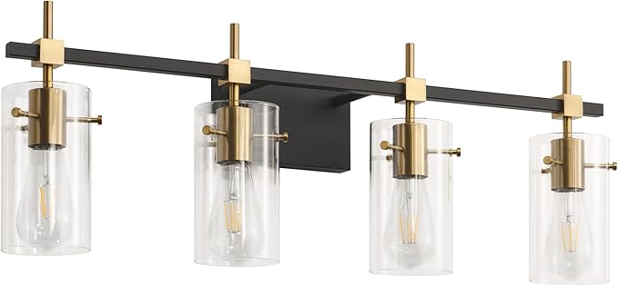 SOLFART Farmhouse Brass Bathroom Vanity Lights fixtures Over Mirror Vintage Bathroom Lighting Wall Sconce with Glass Shade 4 Lights