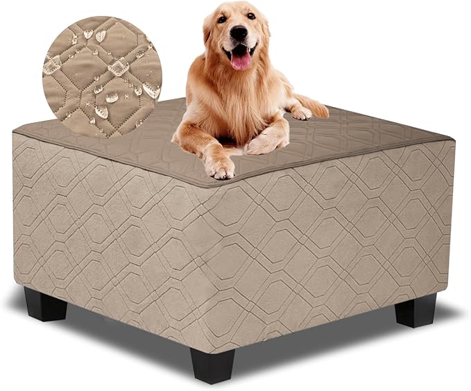 Ottoman Cover Square,Waterproof Square Ottoman Covers Thick Slipcover for Living Room,Washable Storage Footstool Furniture Protector for Dogs,Pets,Light Brown,X-Large