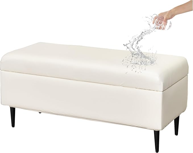 CRFATOP Waterproof PU Ottoman Stool Cover Stretch Folding Storage Footstool Bench Slipcovers Upholstered Foot Chest Chair Covers Washable Entryway Furniture Protector with Elastic Bands,L,White