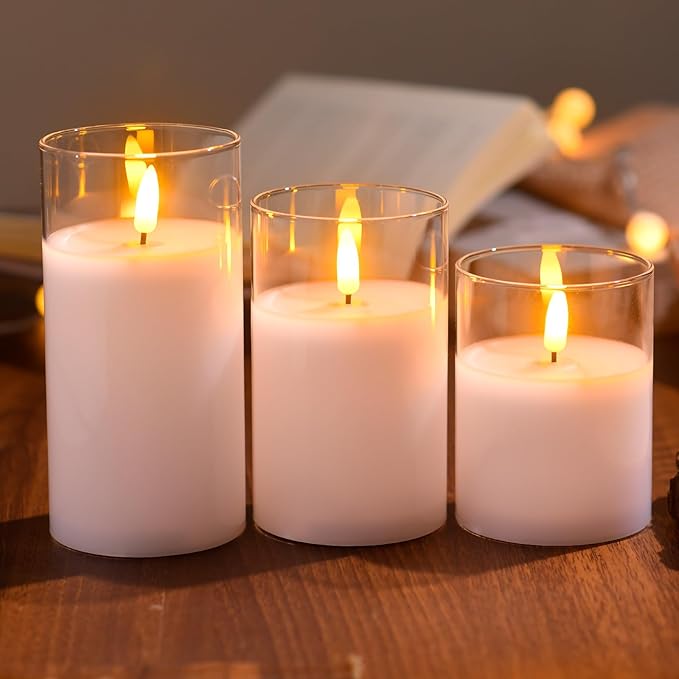 Tyawon Glass Battery Operated LED Flameless Candles with Remote and Timer, Real Wax Candles Warm Color Flickering Light for Festival Wedding Home Party Decor(Pack of 3)-White