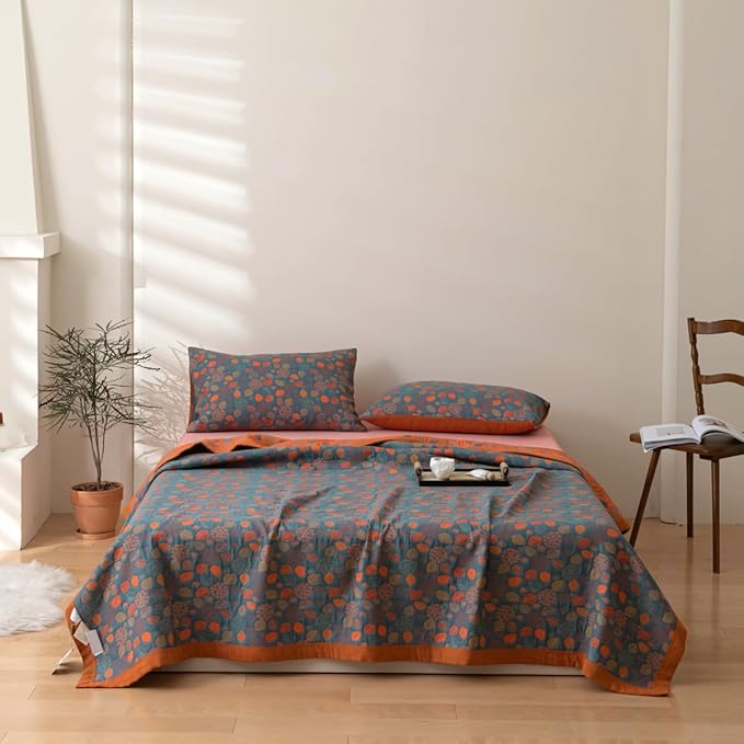 100% Cotton Jacquard Quilt Rustic Floral Leaves Print,Soft Muslin Bed Cover 3 Layers Reversible Bedspread Coverlet Breathable Lightweight Bedding,Full/Queen(78"x94"), No Pillow Sham