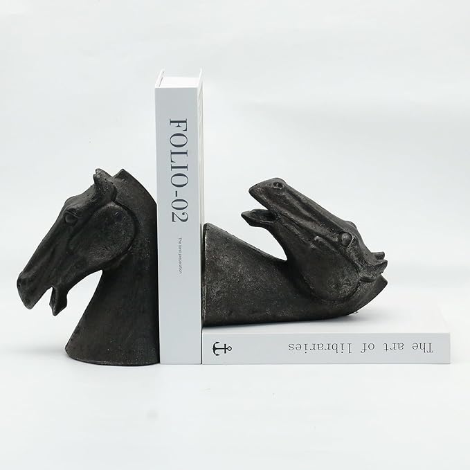 Lukitas Horse Head Decorative Bookends - Heavy Duty Non-Slip Book Holders, Modern Equestrian Ornaments for Office Home Bookshelf Decor, Black, Resin 7.5''