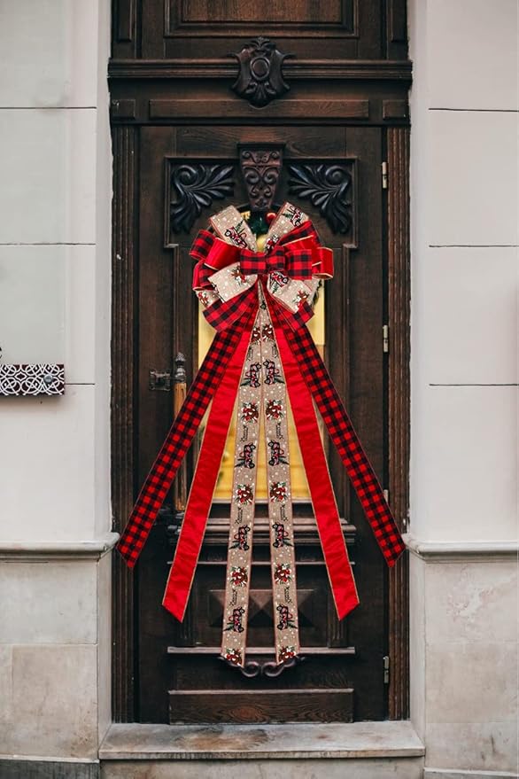 RECUTMS Red Christmas Bows 56.7x13 inches Christmas Tree Topper Bows Large Handmade Burlap Bow with Xmas Patterns Christmas Wreath Decoration for Indoor Outdoor Xmas Party Home Holiday Winter