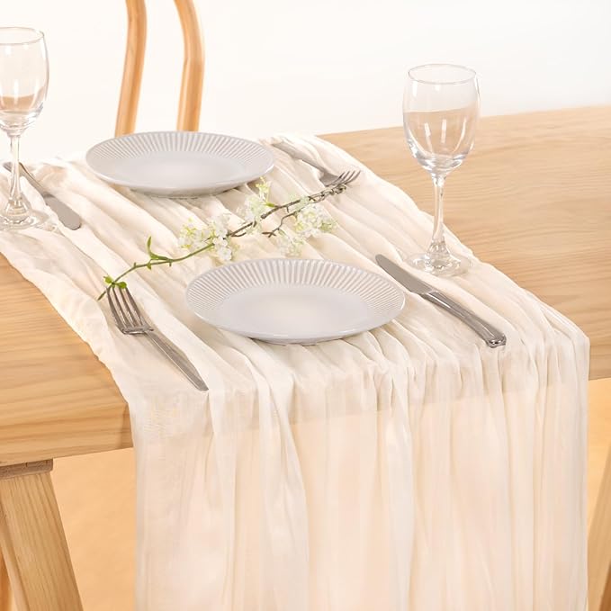 MLMC 3 Pack Ivory White Table Runner Rustic Gauze Cheesecloth Table Runner 10ft Cheese Cloth Centerpiece Decor 35x120 Inches for Wedding Dessert Anniversary Bridal Baby Shower Decor