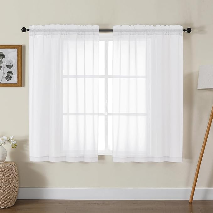 Gwine White Sheer Curtains for Living Room 45 inches Long, Short Voile Light Filtering Window Treatments Sheer Curtains for Bedroom, Half Window Drapes with Rod Pocket, Each 42" Wx45 L