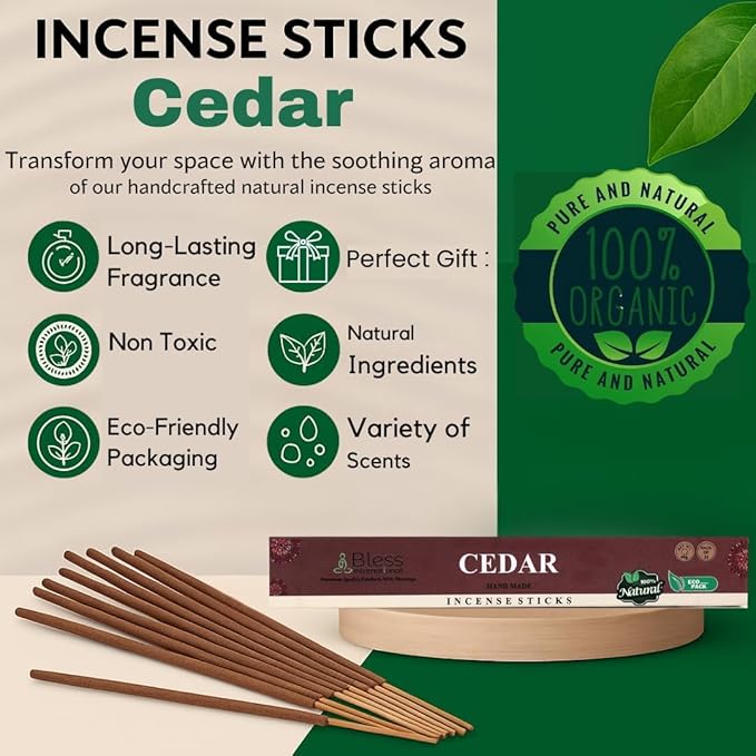 Bless-Cedar 100%-Natural-Handmade-Hand-Dipped-Incense-Sticks Organic-Chemicals-Charcoal-Free Purification-Relaxation-Positivity-Yoga-Meditation Best-Woods-Scent (80 Sticks (4.20 OZ))