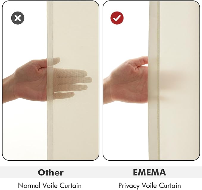 EMEMA Non-See-Through Sheer Curtains, Privacy Light Filtering 108 Inch Semi Sheer Curtains for Bedroom Living Room, Window Drapes That Let Light in, 52x108 Inch, 2 Panel, Cream