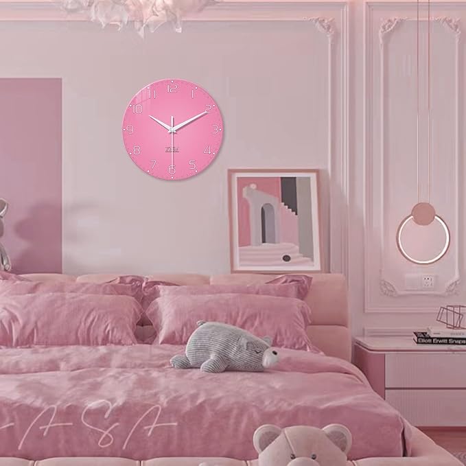 XNM Pink Clock for Girls Bedroom Small Wall Clock Battery Operated 14 Inch Glass Analog Wall Clock Non Ticking
