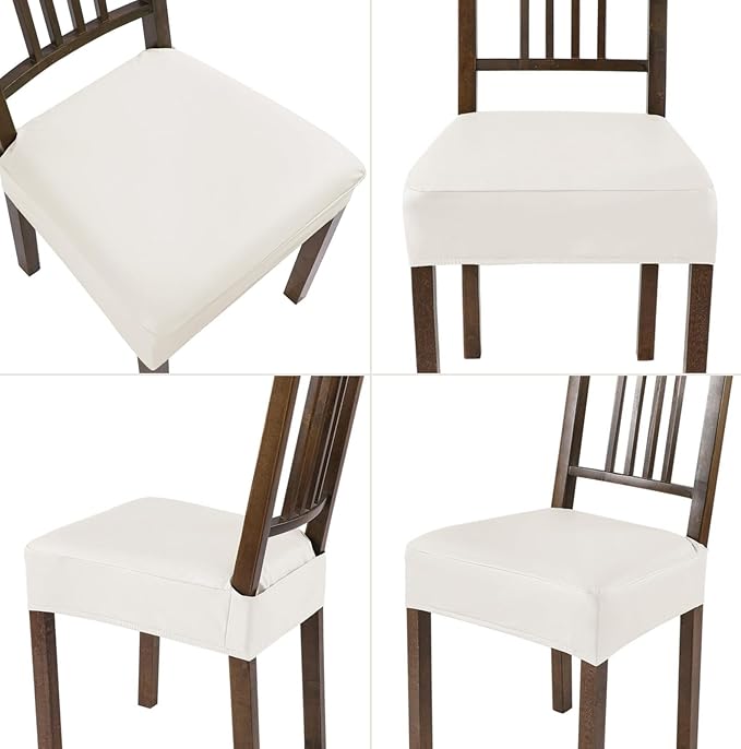 SearchI Waterproof PU Dining Chair Seat Covers Set of 4, Soft Removable Washable Seat Covers for Dining Chairs, Dining Room Seat Cover Protector (Rear-Covered, PU Cream)
