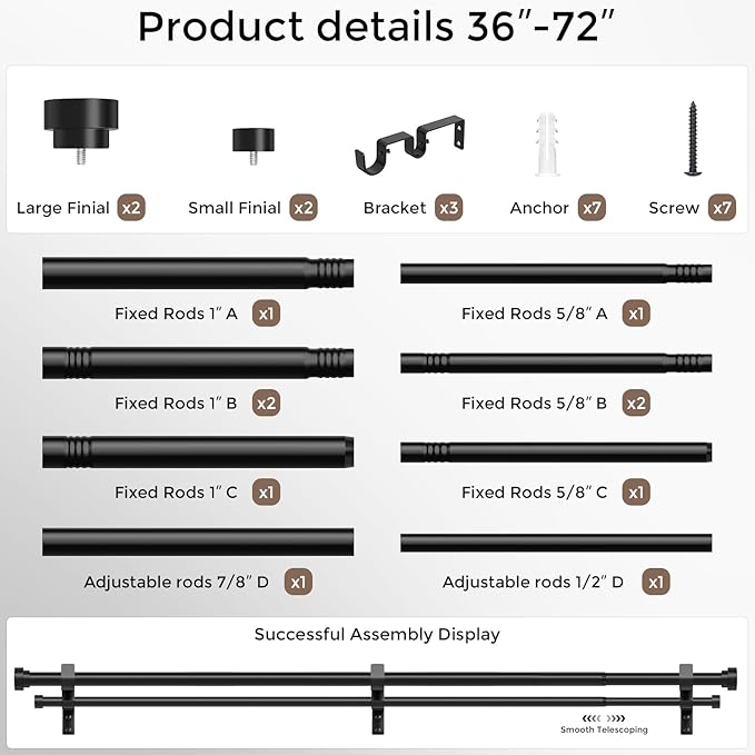 Double Curtain Rod, 1 Inch Black Dual Curtain Rods 36 to 72 Inch with Aluminium Modern End Cap Finials, Adjustable Heavy Duty Window Treatment Rods, Telescopic Metal Double Drapery Pole Set