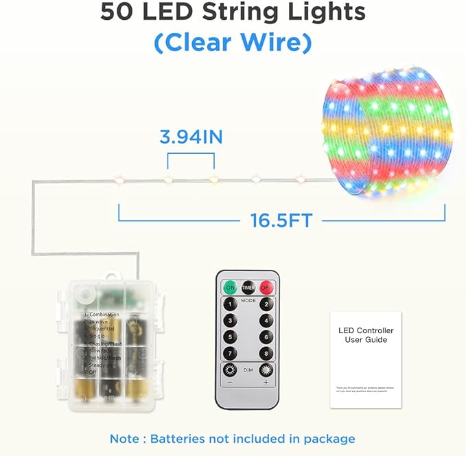 16.5ft Battery Operated String Lights (4 Pack), 50 LED Fairy String Lights Battery Powered with Remote & Timer for Indoor Outdoor Christmas Trees Wreath Decoration Bedroom Patio - Multicolor