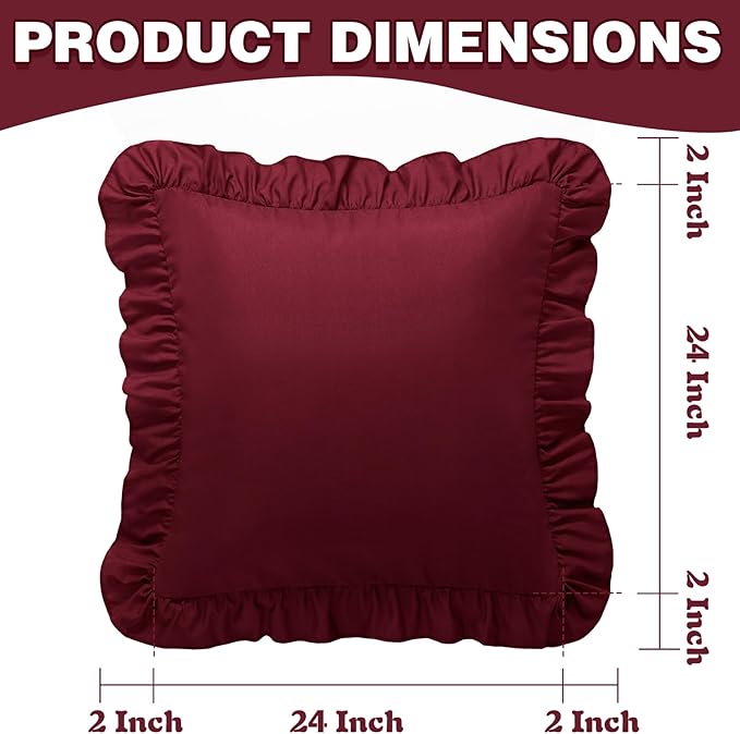 KKJIAF Ruffle Pillow Cases 24x24 Inches, Burgundy Square Ruffled Pillow Covers Set of 2, Microfiber Wrinkle Resistant Pillow Shams with Envelope Closure for Sofa Bed Living Room