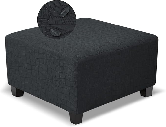Square Ottoman Cover,Soft Stretch Jacquard Slipcover with Dual Waterproof Layers,Washable Furniture Protector for Pets,X-Large,Dark Gray