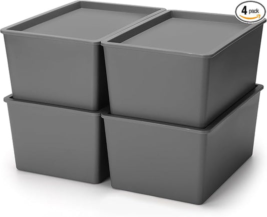 Menkxi 4 Pcs Storage Bins with Lids Plastic Stackable Containers for Organizing Shelves Christmas Ornament Box Baskets(Gray,Small)