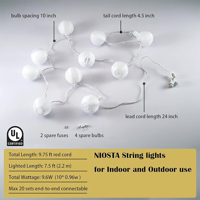 Lantern String Lights,Plug in & Connectable Decorative Lights,for Indoor & Outdoor Ambience Decoration,White Paper Lantern
