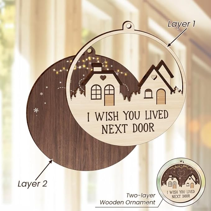 GEEMBI Christmas Friend Gifts for Women - Wooden Christmas Ornaments 2025 for Xmas Decorations - Long Distance Gifts for Friends Women BFF Bestie, I Wish You Lived Next Door Stocking Stuffers Gift