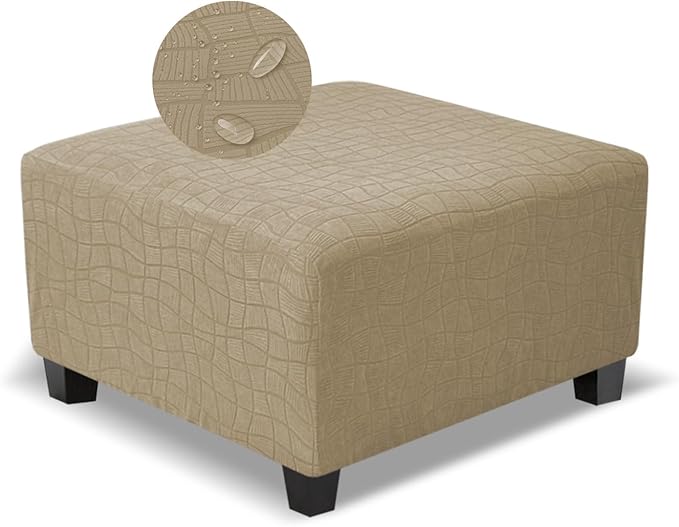 Square Ottoman Cover,Soft Stretch Jacquard Slipcover with Dual Waterproof Layers,Washable Furniture Protector for Pets,Medium,Khaki