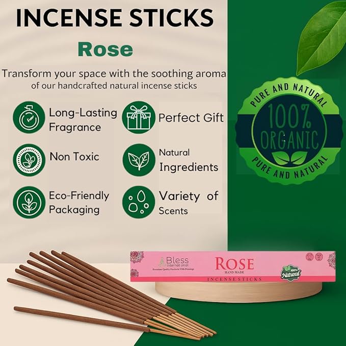 Bless-Rose 100%-Natural-Handmade-Hand-Dipped-Incense-Sticks Organic-Chemicals-Charcoal-Free Purification-Relaxation-Positivity-Yoga-Meditation Best-Woods-Scent (100 Sticks (5.25 OZ))