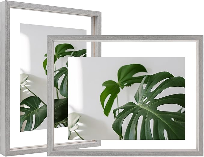 Egofine 8.5x11 Floating Frames Set of 2, Double Plexiglass Picture Frame, Made of Solid Wood Display Any Size Photo up to 8.5x11, Wall Mount or Tabletop Standing, Light Grey