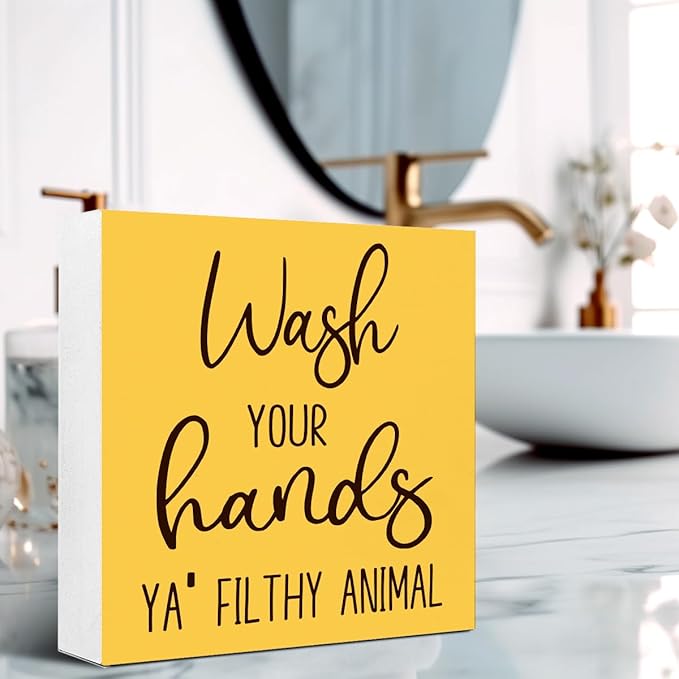 LVQHI Funny Bathroom Wood Block Signs,Wash Your Hands YA' Filthy Animal Wooden Box Sign for Bathroom Shelf Toilet Restroom Home Tabletop Desk Decor,Rustic Bathroom Sign Decor Yellow
