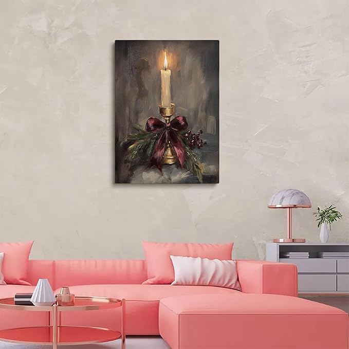 Vintage Christmas Candle Art,Christmas Vertical Candle Print,Rustic Holiday Wall Art,Burgundy Holiday Decor,Festive Victorian Stocking Art,Christmas Home Fireplace Decor16x24inch Framed Art