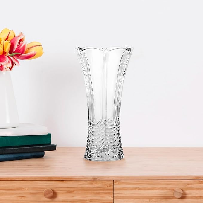 CS Crystal Vase 12-inch high, Water Ripple Design, for Flowers & Decor. Lovely Nice Shiny Piece. Perfect as a Gift, Suitable for All Occasions.