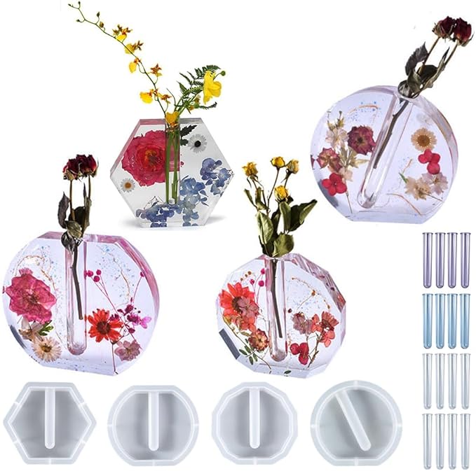 Flower Vase Resin Molds Silicone,4 Vase Molds + 16pcs Colorful Flower Arrangement Tubes,for Inserting Fresh Flowers and Cultivating Plants,DIY Silicone molds for epoxy Resin vase， Vases Home Decor ﻿