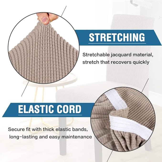 H.VERSAILTEX Stretch Dining Chair Covers Set of 6 Chair Covers for Dining Room Parsons Chair Slipcover Chair Protectors Covers Dining, Feature Textured Checked Jacquard Fabric, Sand