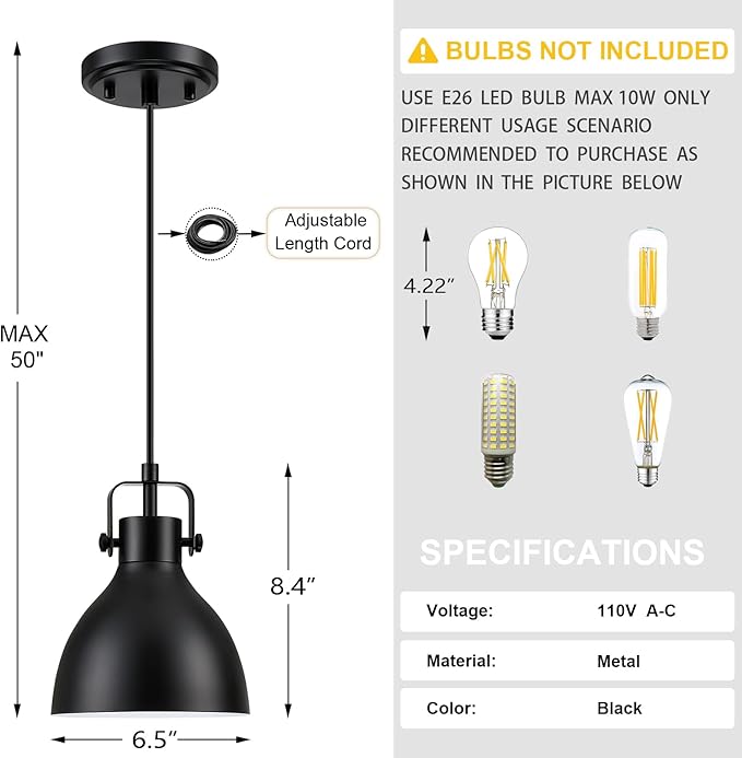 1 Light Kitchen Island Hanging 6.5" Metal Drum 2 Pack Pendant Ceiling Light Industrial Fixture,Black Finish for Over Sink Bar Dining Room Corridor Entryway Hallway