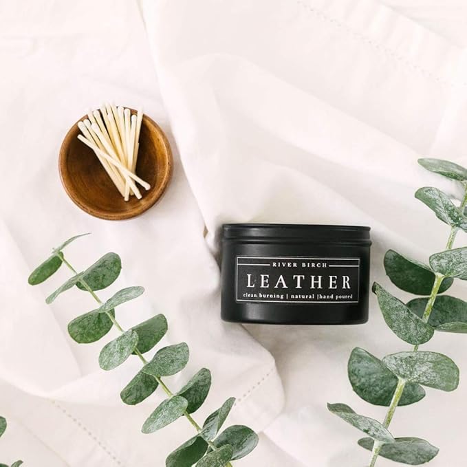 River Birch Leather Scented Candle - Premium, Natural, Non-Toxic, Soy Candles Ideal for Home Decor & Cozy Gifts - Black Matte Tin - 8 oz