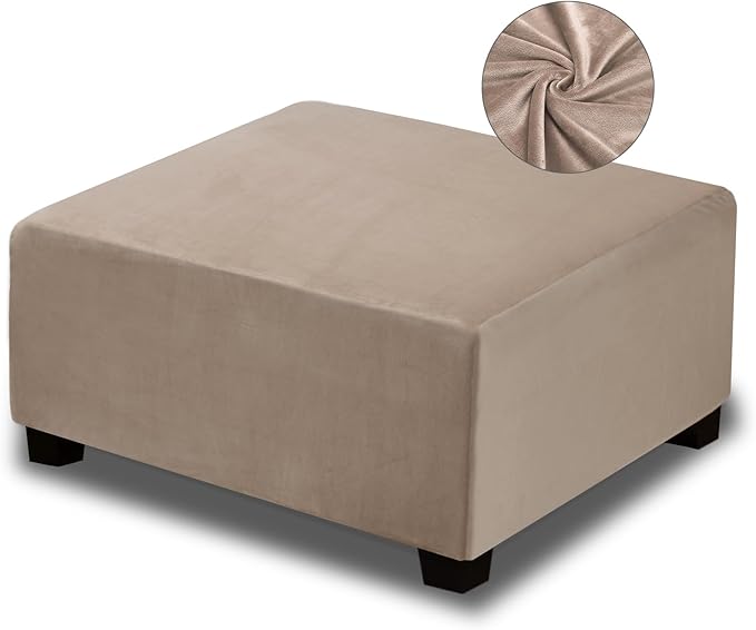 NeColorLife Square Ottoman Cover Velvet Ottoman Slipcover Thick Stretchable Footrest Stool Covers with Elastic Band for Oversized Ottoman (XX-Large Size,Taupe)