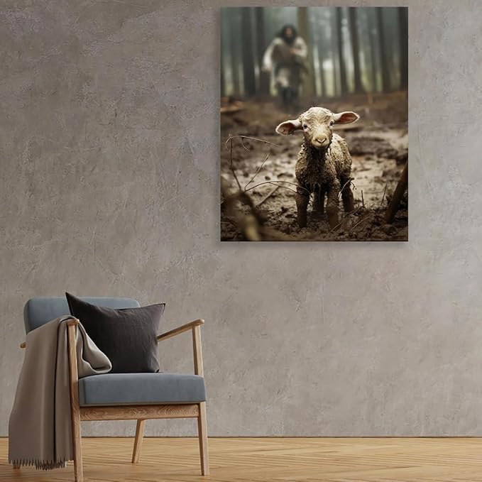 Jesus and Lamb Canvas Wall Art Jesus Running After Lost Lamb Picture Wall Art Canvas Print Christian Home Decor 24x30 inch