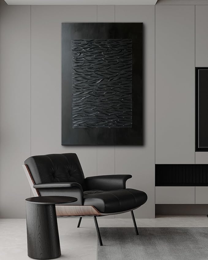 Creespi Hand Painted Black Abstract Wall Art 30x45 inches,Modern Minimalist Textured Canvas Oil Painting for Home Wall Décor