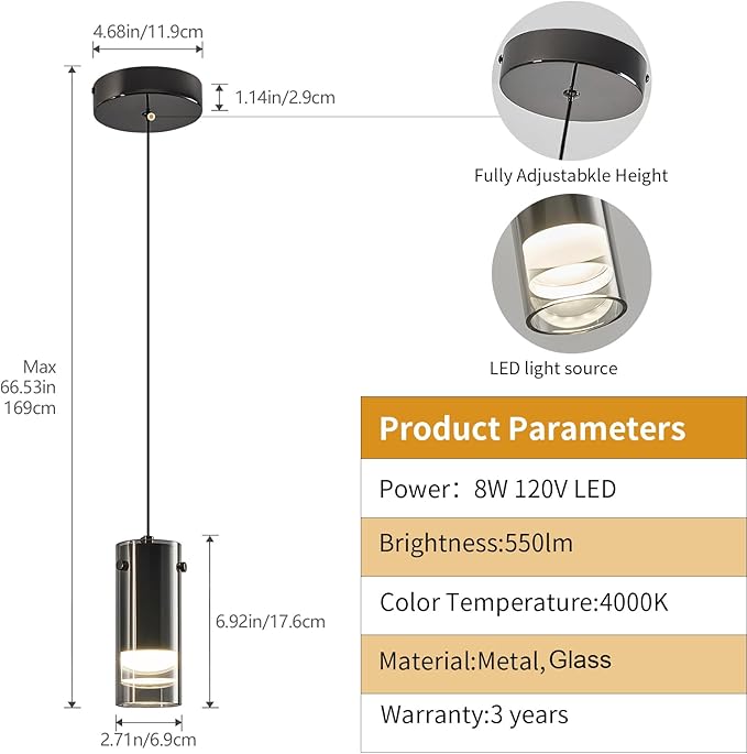 Black Pendant Light Fixtures, Adjustable Modern LED Smoky Gray Glass Pendant Lights for Kitchen Island, Single Hanging Pendant Lighting for Dining Table Hallway Bedroom Living Room(1-Pack)