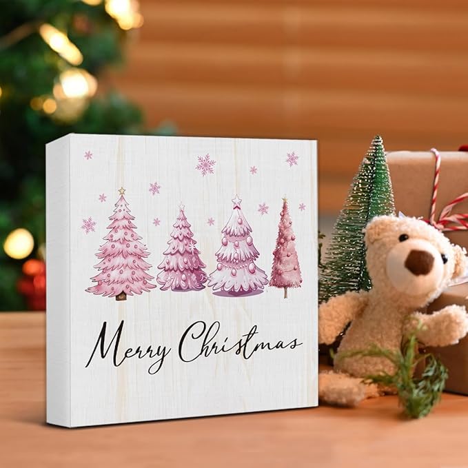Merry Christmas Decorations - Pink Christmas Tree Wooden Sign, Cute Holiday Room Decor for Desk Table Shelf 5 X 5 Inches