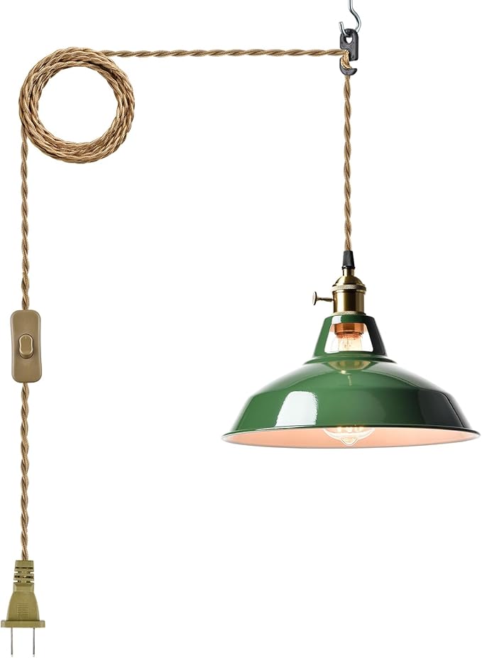 YUBOLE Modern Green Plug-in Pendant Light,Macarons Kitchen Hanging Swag Lighting, Metal Barn Shade with On-Off Switch Plug Cord Light for Bedroom Foyer Dining Bar